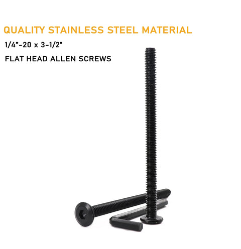 10 Pack Quarter Inch 20 Thread X 3 1/2 Inch Long Countersunk Socket Cap Bolts Black 304 Stainless Steel Rust Proof Hardware on display.
