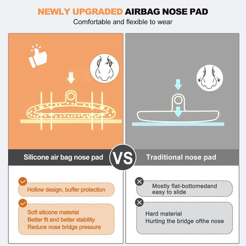 Comparison of silicone airbag nose pad vs traditional nose pad for glasses, highlighting comfort and design differences.