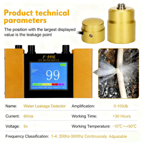 Underground Water Leak Detector With Ultrasonic Geophone Sensor Digital Display Earphone And Carrying Case For Indoor Outdoor Plumbing Leak Detection On Water Pipes Up To 9.8 Feet Deep For Home And Job Sites with digital display and specifications