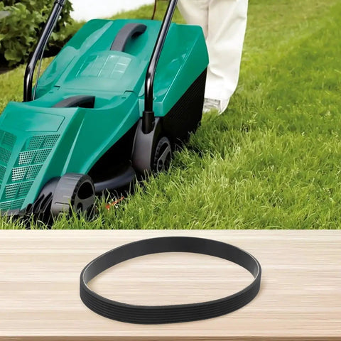 BeefedUp Drive Belt Replacement For Lawn Mower 7PJ451 7 Rib 16mm Wide 451mm Circumference Direct Fit For Compatible Models Smooth Power Transfer Replaces Worn Or Broken Belts Durable One Piece Belt, black ribbed belt shown with lawn mower