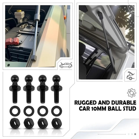 Four Piece 10mm Ball Stud Kit With Hardware For Gas Struts Lift Supports, M6 Thread, 14mm Shaft, 10mm Ball Head, Universal Fit For Cars And Trucks, Replacement Parts For Worn Gas Springs, Easy Install black steel ball studs with nuts and washers for car lift supports