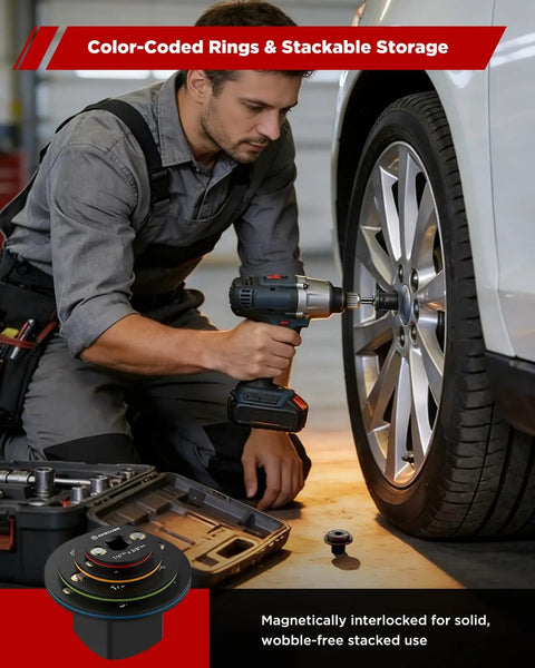 Mechanic uses Low Profile Impact Socket Adapter Set With Color Coded Cr-Mo Drive Adapters on car wheel lug nuts.
