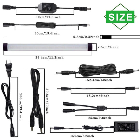 LED Under Cabinet Lighting Kit With Dimmable Strip Lights Plug In For Kitchen Cabinets Countertops Closets And Bedroom 24W 8 Bar Kit 6000K Cool White In Line Dimmer Switch Easy Mounting with size dimensions