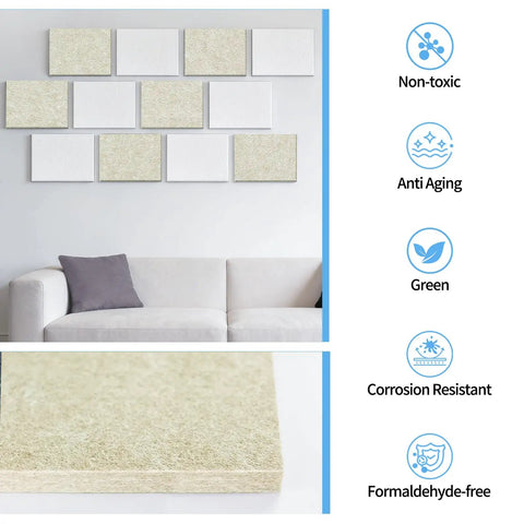Pro Setup 6 Pack High Density Polyester Sound Absorbing Panels 16 By 12 Inches Tackable Acoustic Wall Tiles mounted on wall above a couch.