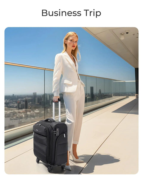 Person with Underseat Carry On Luggage With Wheels Lightweight Soft Travel Bag With PVC Wet Dry Pockets Personal Item Suitcase