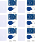 Mifare RC522 RFID 6 Piece Kit with card sensor modules, S50 blank cards, blue keychains for Arduino and Raspberry Pi projects.