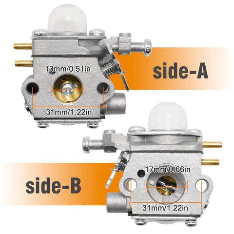 Replacement Carburetor Kit For Bolens And Cub Cadet String Trimmers Includes Fuel Filter Spark Plug Fuel Lines Gaskets And Adjustment Tool Replaces WT973 For BL110 BL160 BL425 BC210 BC280 CC212 CS202 SS270, side view dimensions