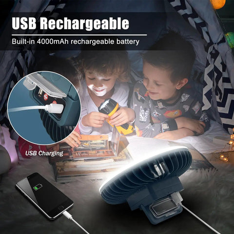 Children reading under a Portable Camping Fan With LED Lantern USB Rechargeable Waterproof Tent Fan With Hanging Hook