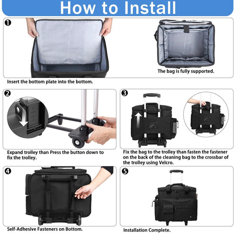 Installation steps for Rolling Teacher Bag With Built In Hard Board And Detachable Trolley, showing assembly and fastening instructions.