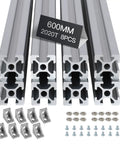 Beefy 8-Piece 600mm T-Slot 2020 Aluminum Extrusion Kit 20x20 Silver Anodized 6063-T5 For DIY Builds, Machinery Framing, Automation Projects, Enclosures, And Custom Mods, rails with brackets and fasteners