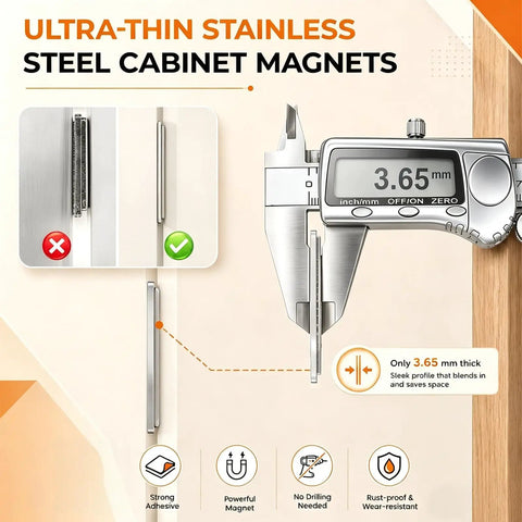 Ultra Thin Magnetic Cabinet Door Catch 16 Pack Slim Self Adhesive Drawer Latch showing thickness with caliper, 3.65 mm, silver.