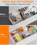 Before and after photo showing Six Pack Clear Acrylic Drawer Organizer Trays featuring non slip silicone pads, clear dividers.