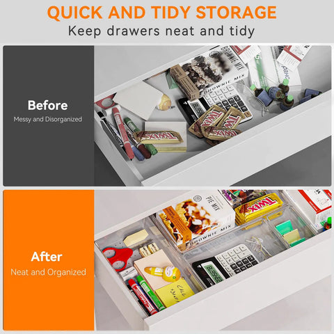 Before and after photo showing Six Pack Clear Acrylic Drawer Organizer Trays featuring non slip silicone pads, clear dividers.