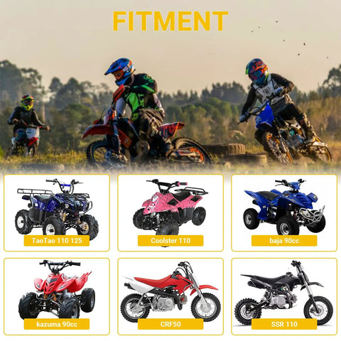 Riders on ATVs and dirt bikes showcasing fitment for the 35Mm Air Filter for 50cc 70cc 90cc 110cc 125cc ATV and dirt bike engines