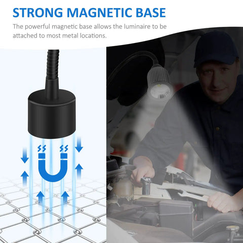 Close-up of 10W Magnetic LED Work Light with Flexible Gooseneck and Magnetic Base in use on a metalwork bench