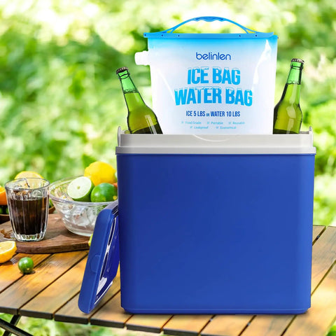 6 Pack Reusable Ice Bags For Cooler 11x14 Inches Each Hold 5 Pounds Of Ice Leakproof With Sealed Sliding Handle next to cooler