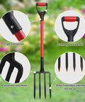 Heavy Duty Garden Pitchfork 42.5 Inch One Piece With Metal Four Tines Fiberglass D Handle Built For Digging Composting Soil Loosening