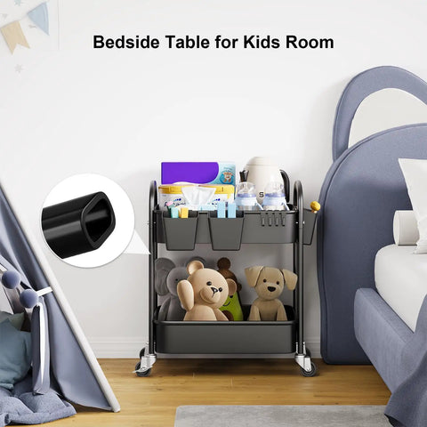 Two Tier Rolling Cart With Wheels Heavy Duty Metal Storage Organizer On Casters For Office Kitchen Craft Room Or Under Desk Trolley Small Utility Carts For Tools And Supplies Black used as bedside table in kids room