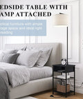 Space Saving Floor Lamp With Built In End Table And Storage Shelves beside bed in modern bedroom, linen shade, black frame