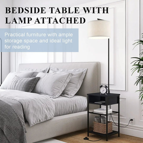 Space Saving Floor Lamp With Built In End Table And Storage Shelves beside bed in modern bedroom, linen shade, black frame