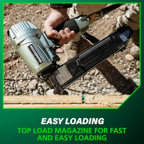 Hand holding Half Inch Crown Stapler For Insulation Sheathing And Subfloor Install 16 Gauge Nailer, top load for easy use