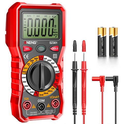 Digital Multimeter With Protective Case For Home And Auto Electrical Testing That Measures DC And AC Voltage, Current, Resistance, Continuity, with two probes and AA batteries