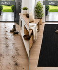 Before and after image showing Hallway Runner Rug 2 Foot By 6 Foot Durable Non Slip Mat With Scraper Pile in black at entryway.