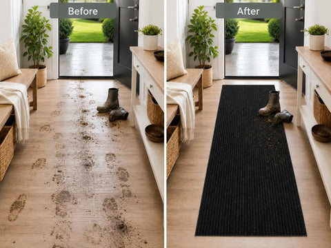 Before and after image showing Hallway Runner Rug 2 Foot By 6 Foot Durable Non Slip Mat With Scraper Pile in black at entryway.