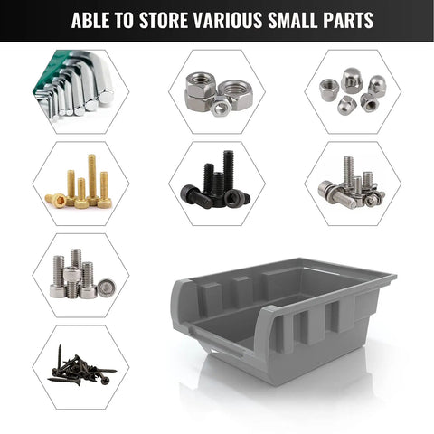 Grey storage bin for Garage Organizer Bins 30 Piece Wall Mount Storage Kit With Pegboard And Screws, surrounded by various small parts.
