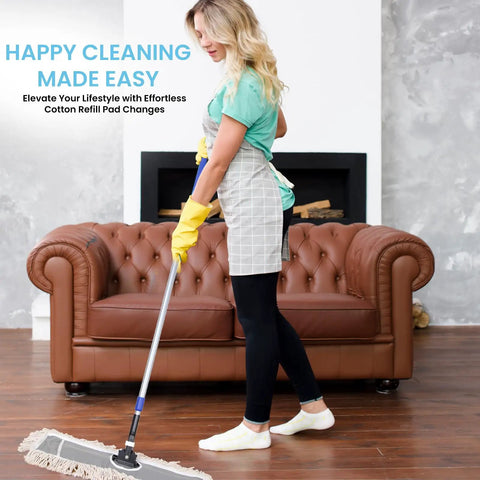Real Deal Industrial Cotton Dust Mop With Adjustable Steel Handle For Hardwood Tile Laminate Vinyl Epoxy Floors Hella Absorbent in use on wooden floor.