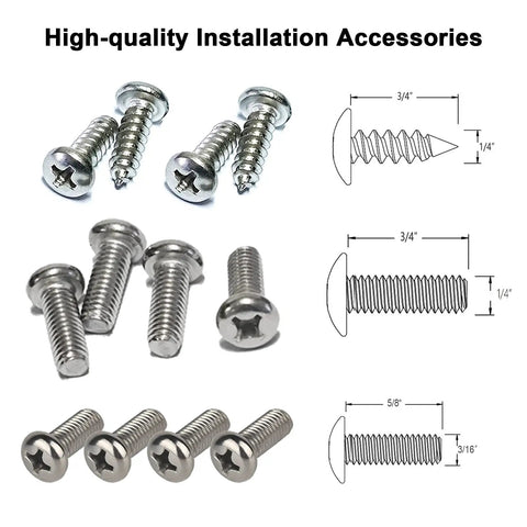 Dope Black Carbon Fiber License Plate Screw Caps And Fasteners Featuring Sturdy Heavy Duty Locking Bolts showing chrome screws and measurements.