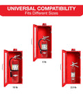 Red Wall Mount Fire Extinguisher Cabinet With Alarm And Lock And Clear Acrylic Break Glass Window Durable Metal Box That Fits 2.5 5 And 10 Pound Extinguishers For Quick Access Safety showing compatibility with different extinguisher sizes