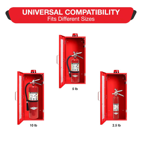 Red Wall Mount Fire Extinguisher Cabinet With Alarm And Lock And Clear Acrylic Break Glass Window Durable Metal Box That Fits 2.5 5 And 10 Pound Extinguishers For Quick Access Safety showing compatibility with different extinguisher sizes