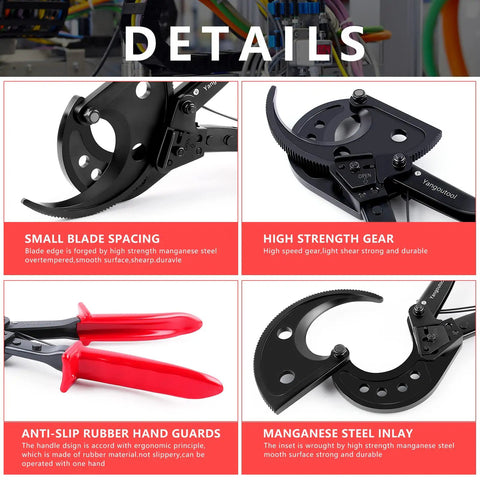 Detailed view of Ratcheting Cable Cutter For Copper And Aluminum Wires Up To Four Hundred Square Millimeters Capacity Built Like A Beast Aluminum Frame With Forged Blade And Smooth Ratchet Mechanism highlighting blade, gear, and handles.