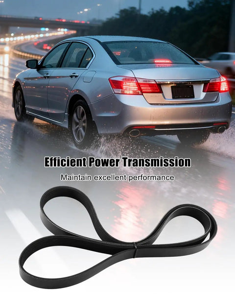 Top Grade Serpentine Drive Belt For Honda Accord 2.4L L4 Engine Model Fits Years 2008 Through 2012 on a wet road.