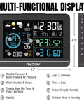 All-In-One Weather Station With 6-Inch VA Display And Outdoor Sensor showing temperature, humidity, and weather forecast.