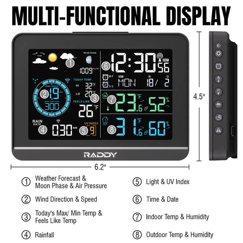 All-In-One Weather Station With 6-Inch VA Display And Outdoor Sensor showing temperature, humidity, and weather forecast.