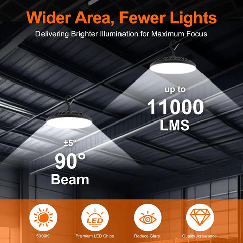 Hanging UFO LED High Bay Light 100W for Warehouses emitting 11,000 lumens in a dark industrial space at 90-degree angle