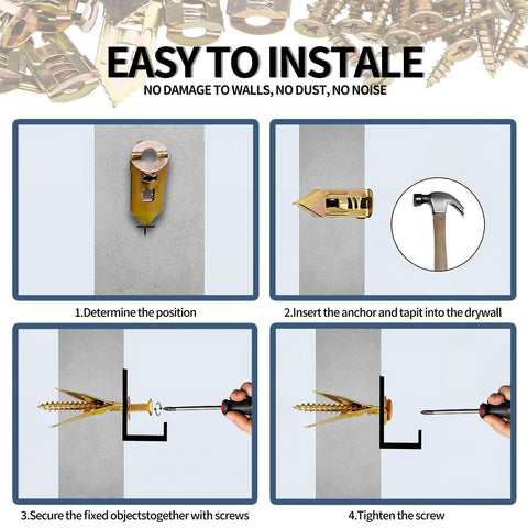 Installation steps for Drywall Self-Drilling Anchors And Screws Kit, 100 Pieces Including 50 Sheetrock Anchors (0.47x1.18 Inch) And 50 Zinc Screws, No Drilling Required.