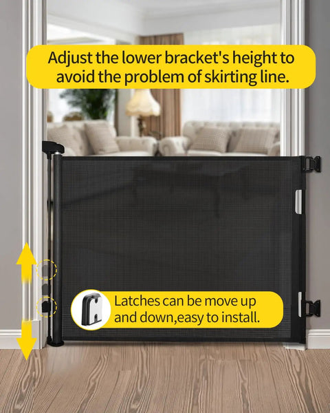 Retractable Mesh Baby Gate For Doorways, Stairs, And Hallways, 33 Inch Tall, Expands Up To 55 Inches Wide, black gate installation demo