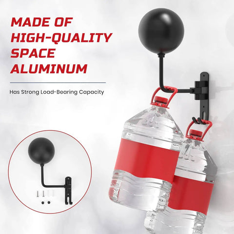 Beefy 180 Degree Swivel Helmet Wall Mount Heavy Duty Aluminum Holder with two water bottles hanging showing load capacity