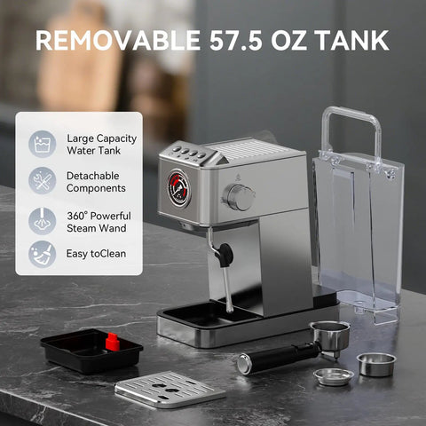 Slick Stainless Steel Espresso Machine Serving Hella Creamy Shots With 20 Bar Pressure And Automatic Milk Frother For Killer Cappuccinos Compact Home Brewer with removable 57.5 oz tank