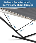 Side view of a dark grey Two Person Hammock With Stand Heavy Duty Portable Hammock Supports Up To 475 Lbs with balance rope.