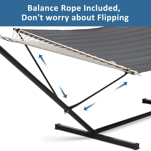 Side view of a dark grey Two Person Hammock With Stand Heavy Duty Portable Hammock Supports Up To 475 Lbs with balance rope.