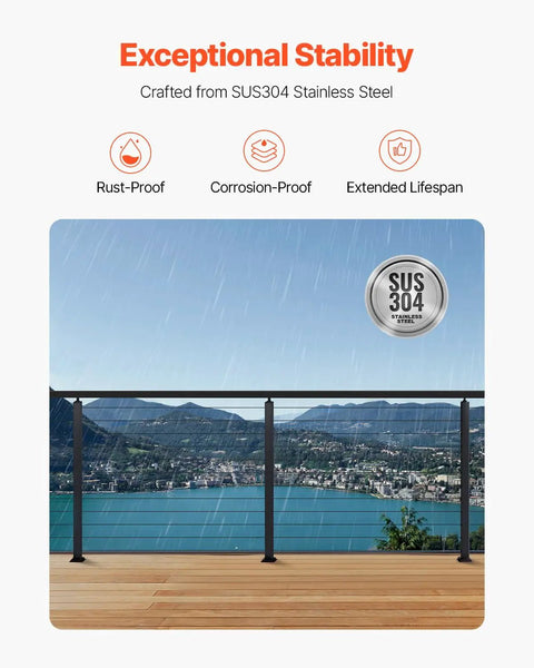 Built Solid Ready To Rock Pre Drilled Cable Railing Post Kit With 12 Holes For Level Decks And Balconies 42 Inch High Four Pack Black Stainless Steel with lake view.