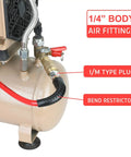 1/4-Inch By 50-Foot Polyurethane Air Hose With Bend Restrictors attached to compressor, showcasing fittings, red color