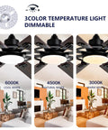 Large Ceiling Fan with Light showcasing dimmable 3-color temperature options in a modern living room setting.
