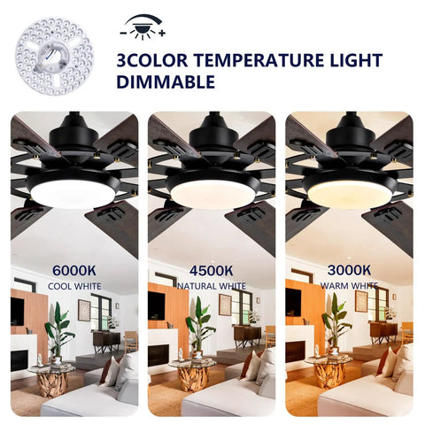 Large Ceiling Fan with Light showcasing dimmable 3-color temperature options in a modern living room setting.