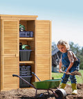 Outdoor Storage Cabinet With Lockable Double Doors And 3 Removable Shelves For Serious Tool Organization, Waterproof Fir Wood Closet Shed For Garden Backyard Patio And Lawn, Weather Resistant Natural Finish, open in a garden setting.