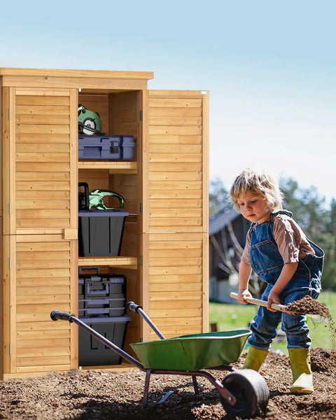 Outdoor Storage Cabinet With Lockable Double Doors And 3 Removable Shelves For Serious Tool Organization, Waterproof Fir Wood Closet Shed For Garden Backyard Patio And Lawn, Weather Resistant Natural Finish, open in a garden setting.
